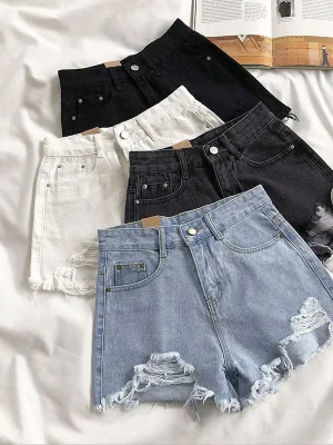 Ripped Women Denim Shorts Korean Chic High Waist Female Casual Shorts