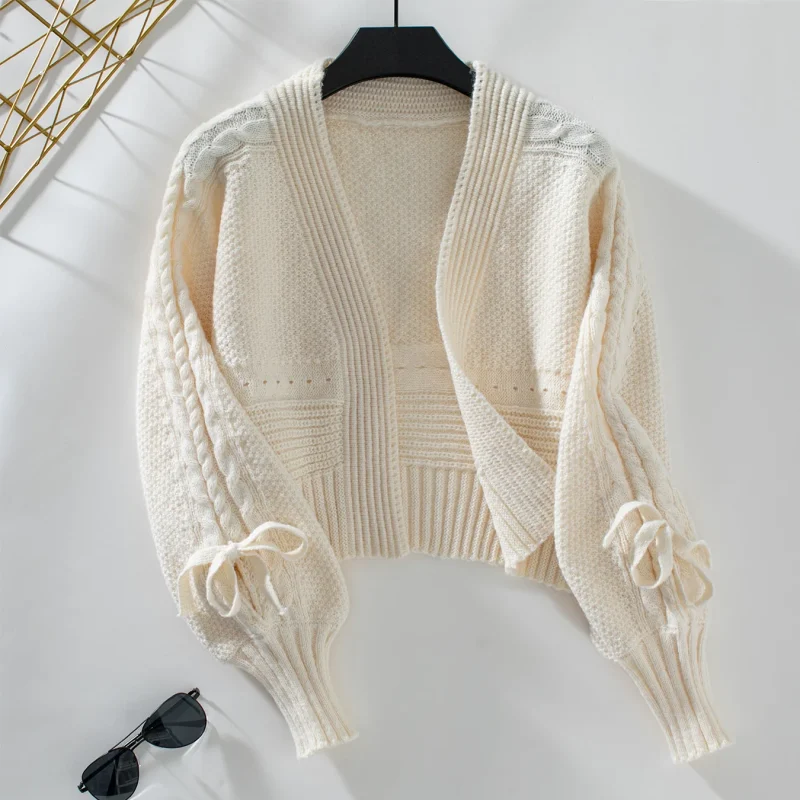Autumn Bow Lace Up Long Sleeve Knit Short Cardigan Jacket - Image 3