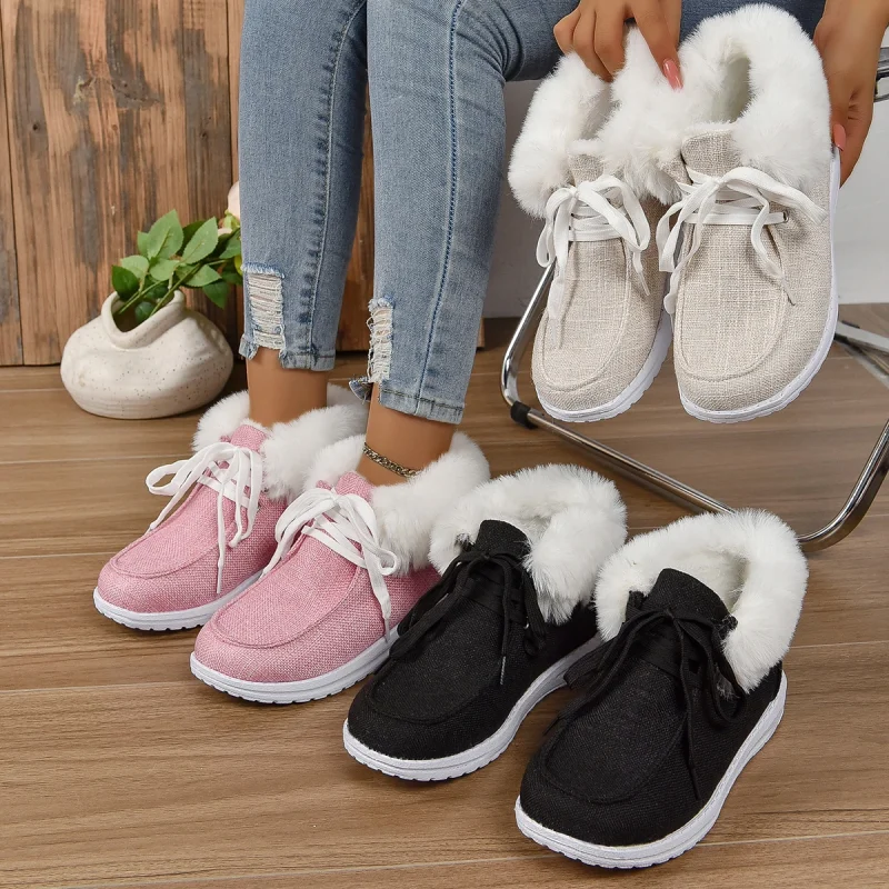 Women Faux Fur Fleece Lined Thermal Flat Snow Shoes Comfortable Lightweight - Image 11