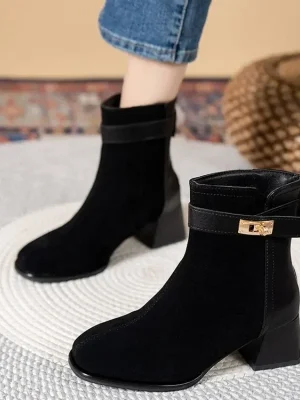 Women Sheep Suede Short Boots Square Toe Chunky Heel Boots for Women