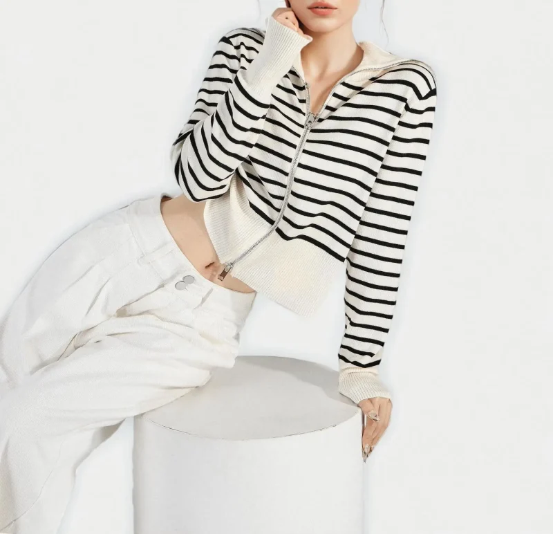 Women's Autumn Winter Black White Striped Hooded Zipper Cardigan Fashion - Image 16
