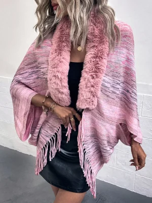 Rainbow Stripe Knitted Poncho Women Fashion Tassel Fur Collar Shawl Cardigans