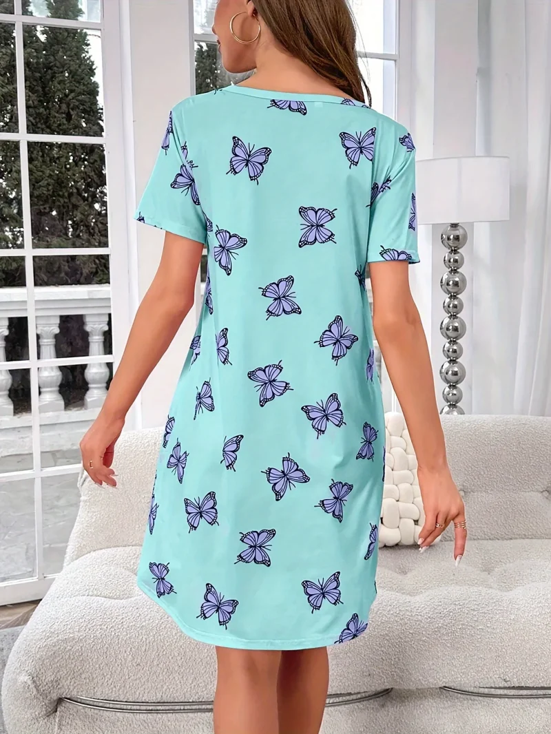 Casual Butterfly Printed Pajamas Short Sleeve Round Neck T-Shirt Dress - Image 3