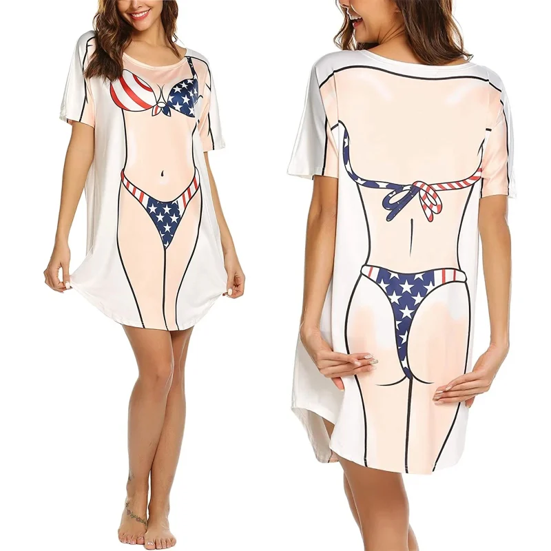 Women's Summer Fashion Dress 3D Bikini Print Round Neck Short - Image 4