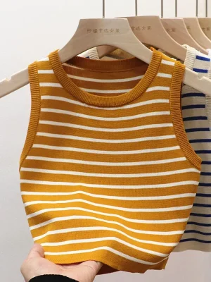 Summer Spring Striped Tank Tops Women Sleeveless Knitted T-Shirts