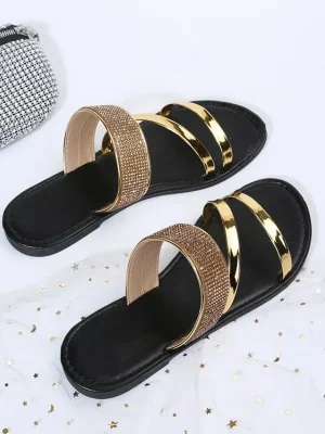 Women’s Fashion Gold Silver Patent Leather Flat Heel Sandals