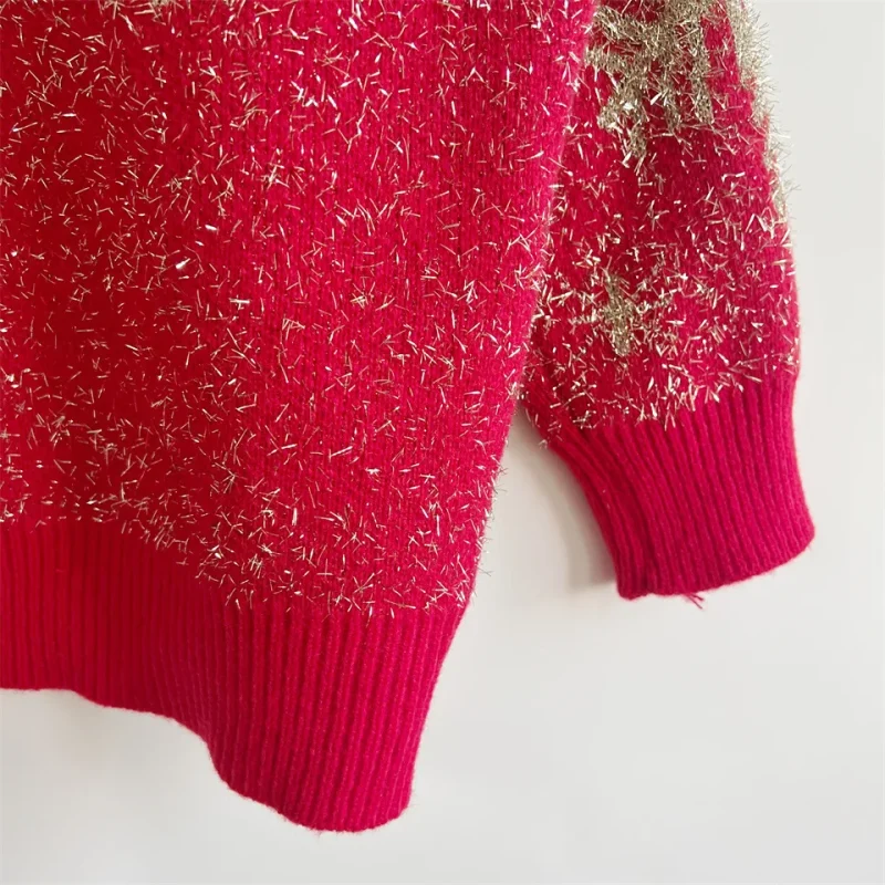 Snowflake Gold Thread Elk Christmas Sweater Women 2024 - Image 12