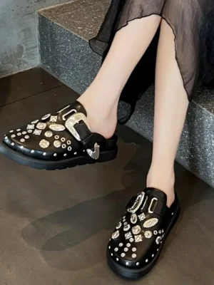 Summer Women Slippers Platform Rivets Punk Rock Leather Mules