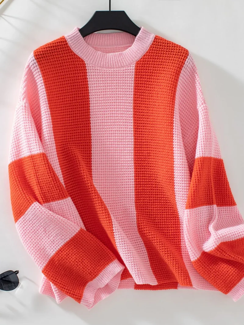Womne's Contrast Color Striped Knitted Sweater Autumn - Image 12