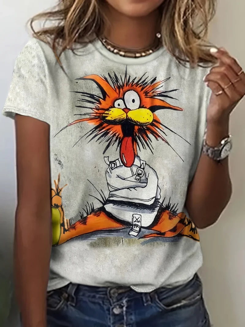 Cat Pattern Printed Round Neck T-Shirt Summer Casual Short Sleeve Top - Image 2