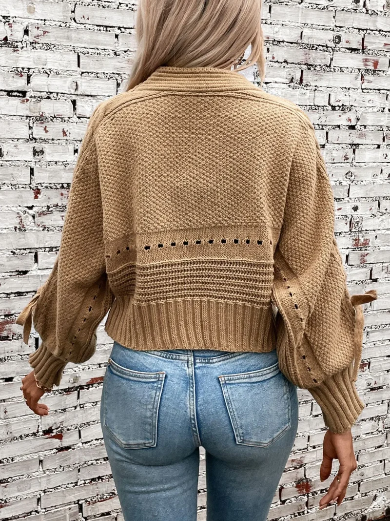 Autumn Bow Lace Up Long Sleeve Knit Short Cardigan Jacket - Image 9