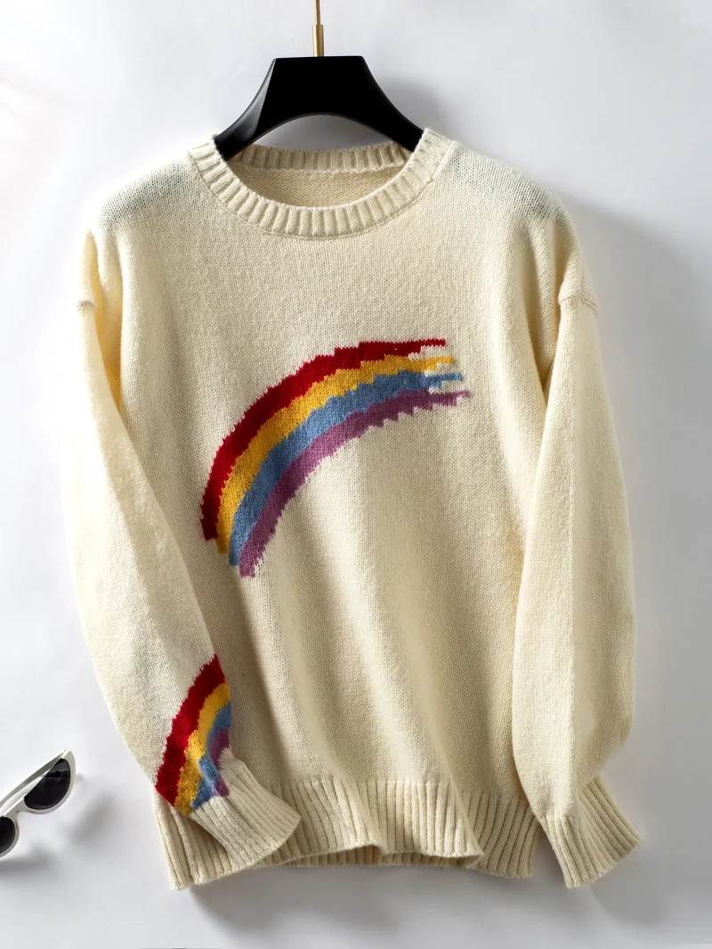 Rainbow Striped O-Neck Pullovers Women Fall Winter Cloth - Image 12