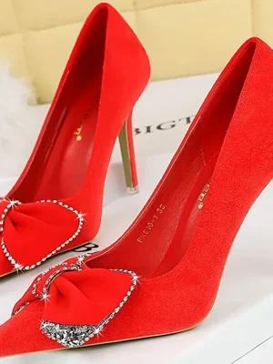 Korean Version Party 9cm High Heels Rhinestone Bow Black Red Pointed Toe