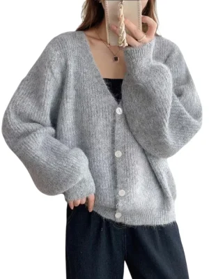 Autumn Winter V Neck Soft Cardigan Women Single Breasted Long Sleeve Sweater Coat