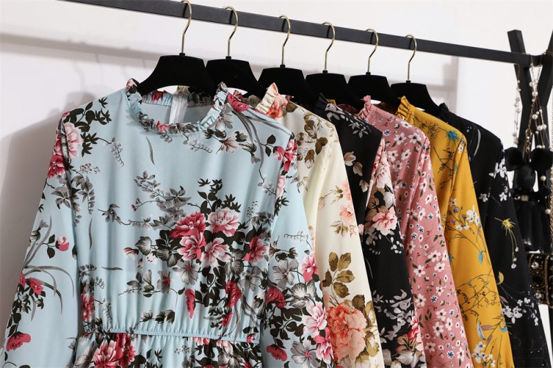 Full Sleeve Vintage Printed Floral Zipper Casual Long Dress Women Maxi