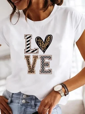 Ladies Cotton T-shirt LOVE Printed Valentine’s Day T-shirt Couple T-shirt