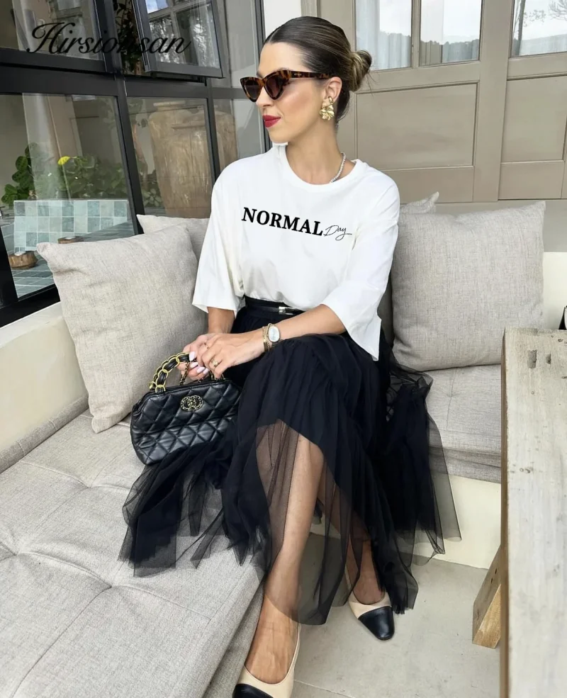 Hirsionsan "Normal Day" Letter Printed T-shirt Summer Women's Cotton Short sleeved T-shirt Women's Plus Size Higt Street Gothic - Image 8