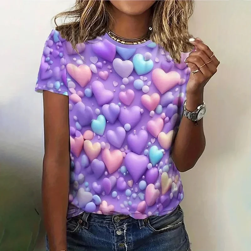 3D Love Print Women's Short Sleeve T-shirt Summer Round Neck - Image 3