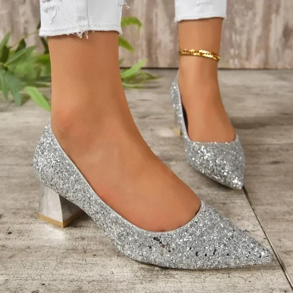 Fashion Large Heel Single Shoes Wearing Sequin Face Pointed Toe - Image 6