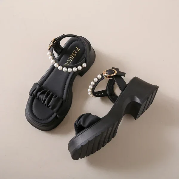 Summer New Round Toe Open Toe Pearl Chain Buckle Thick Sole - Image 5