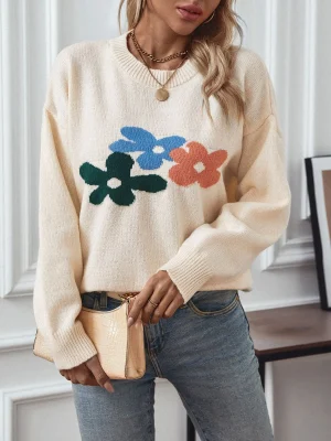 New In Autumn Winter Flower Sweater Women 2024 Loose Fashion Knitwear Casual O-Neck Pullover Female Long Sleeve Knitted Clothing