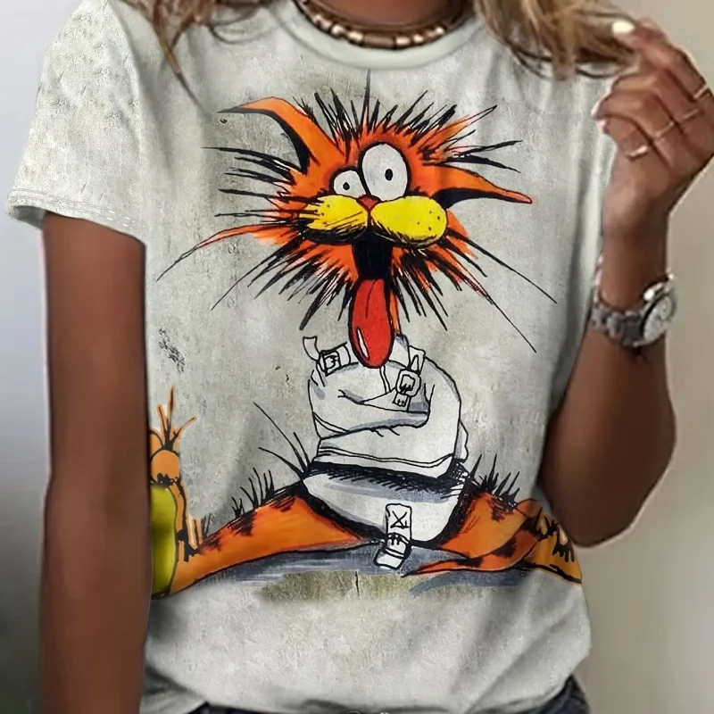 Cat Pattern Printed Round Neck T-Shirt Summer Casual Short Sleeve Top