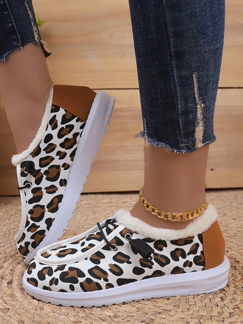 Women Fluffy Fur Snow Boots Women Autumn Winter Leopard Print Flat - Image 3