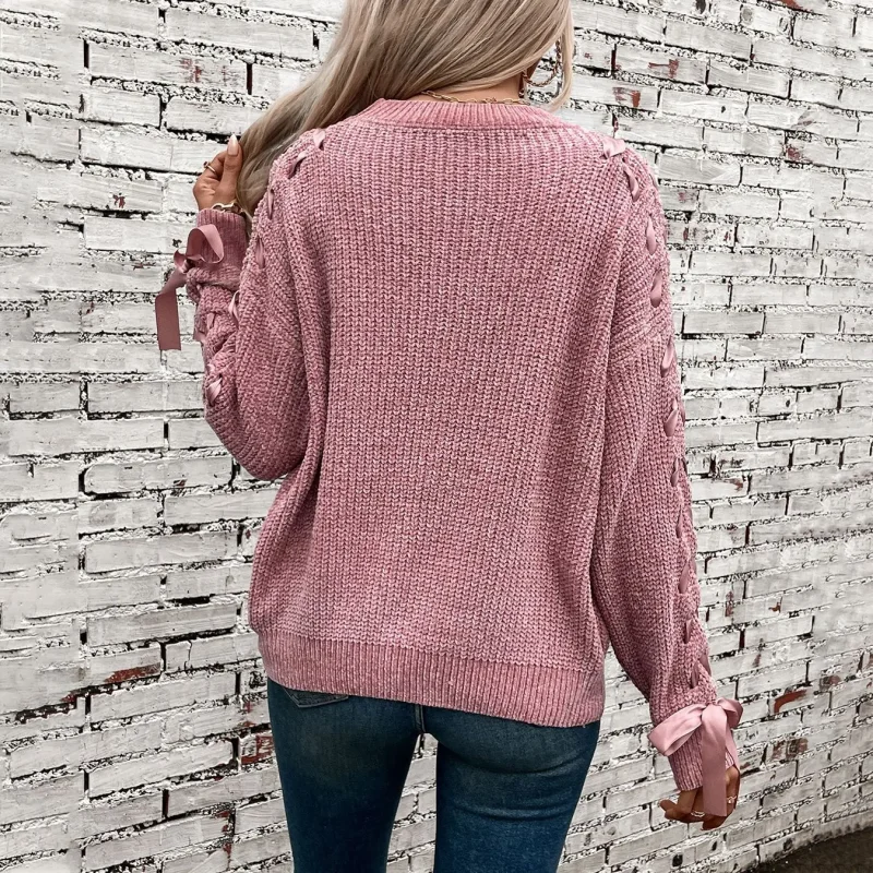 Long Sleeve Lace Up O-Neck Pullover Women 2024 - Image 7