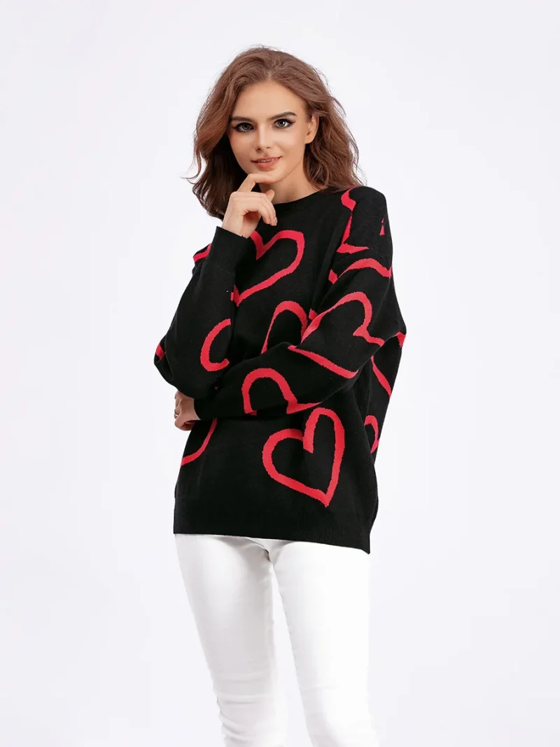 Heart Print O-Neck Pullovers Women Long Sleeve Loose Knitted Sweaters - Image 12