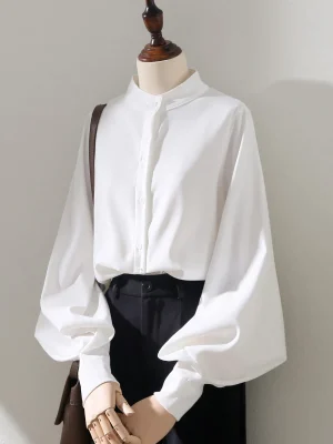 Autumn White Women Shirts Korean Loose Stand Female Blouse