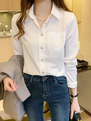 Chiffon Office Women Shirts Korean Elegant Pearl Loose Long Sleeve