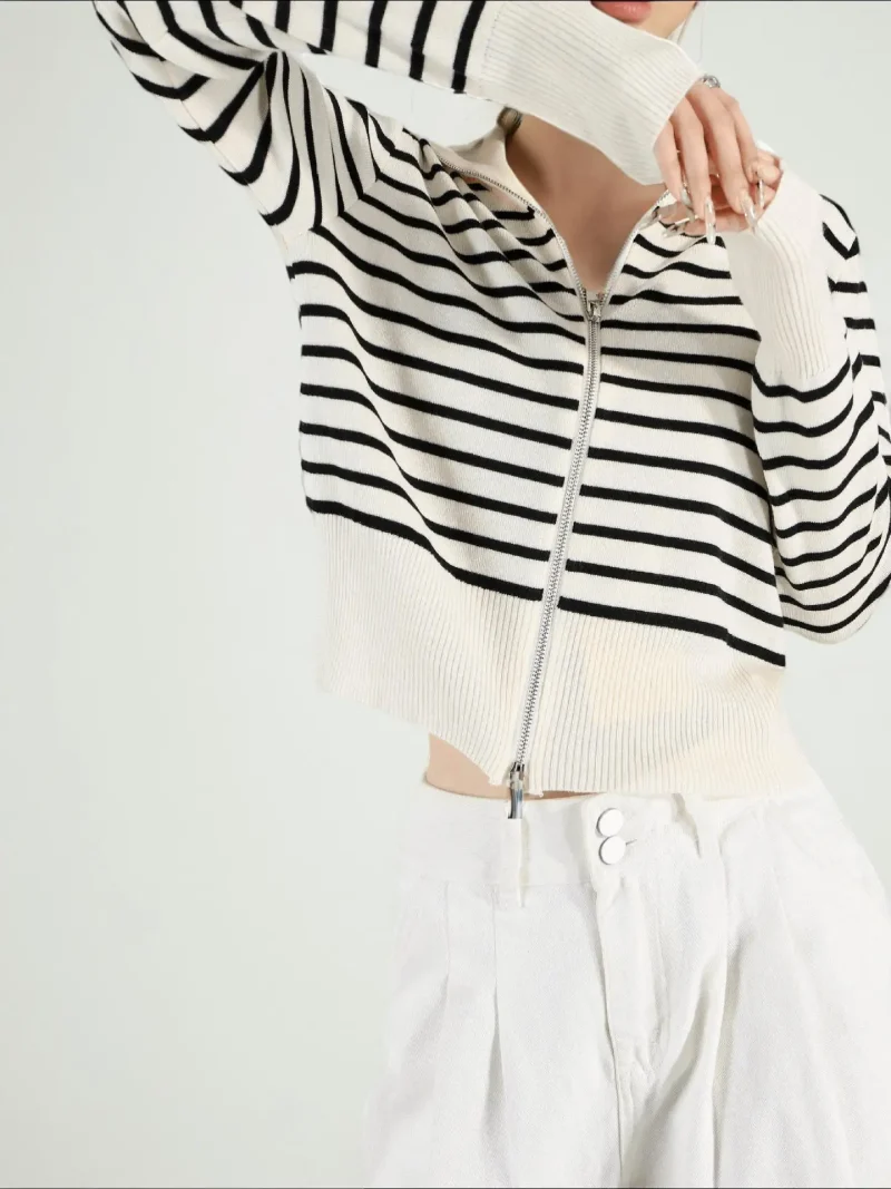 Women's Autumn Winter Black White Striped Hooded Zipper Cardigan Fashion - Image 18