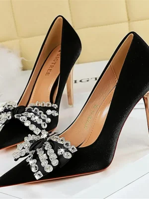 New Women 10.5cm High Heels Silk Butterfly Knot Bow Pumps Wedding Bridal