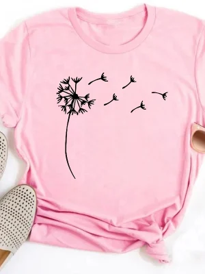 Black Women’s Dandelion Flower Print Shirt Casual Fun Short Sleeve T-shirt