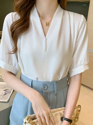 Women Chiffon Blouse Korean New Elegant Pearl Short Sleeve