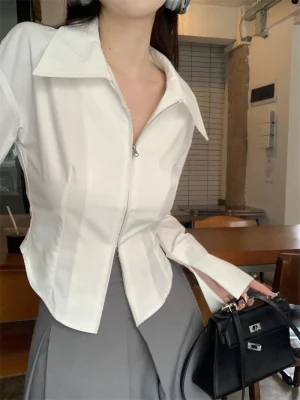 Zippers Women Shirts Korean Sweet White Slim Long Sleeve Female Blouse