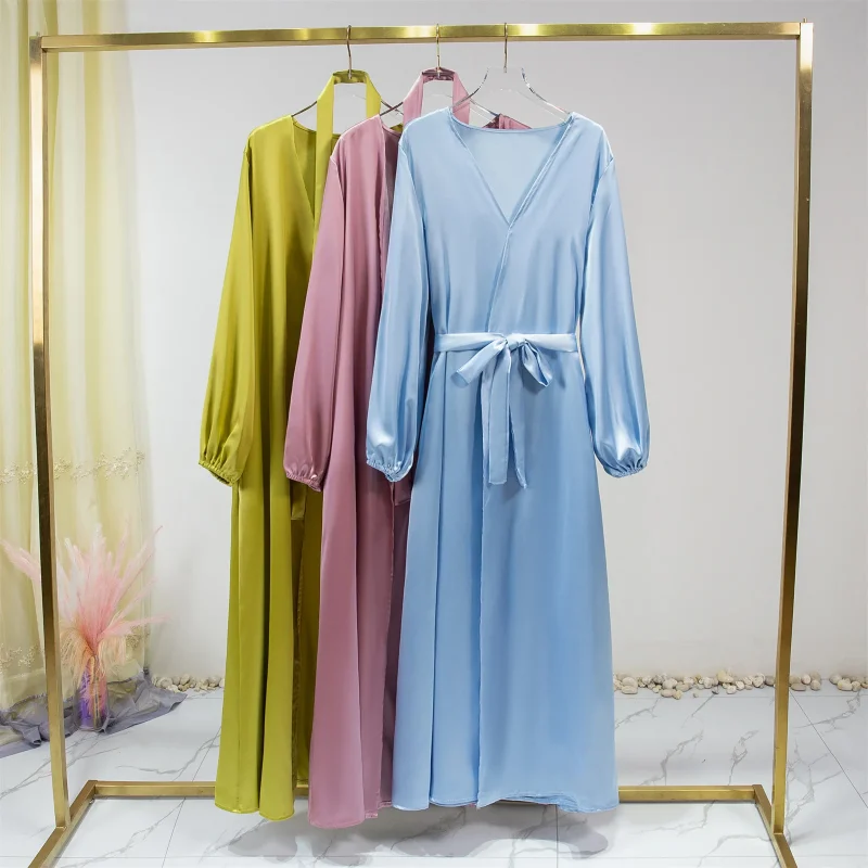Women Abayas Muslim Kaftan Puff Sleeves Lace-up Maxi - Image 6
