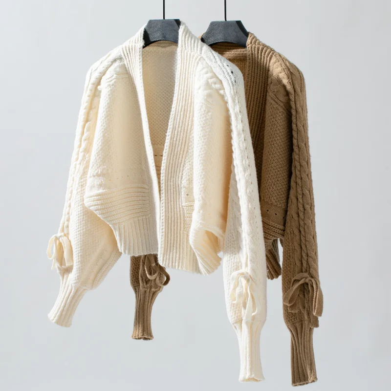 Autumn Bow Lace Up Long Sleeve Knit Short Cardigan Jacket - Image 13