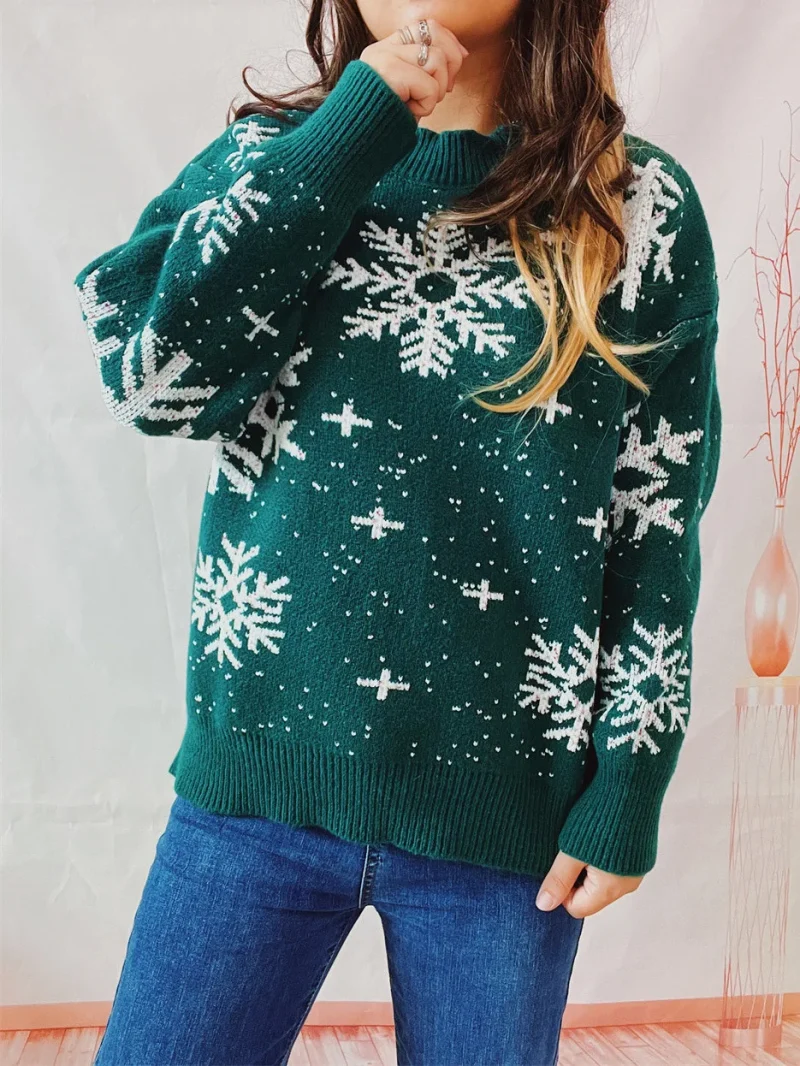 Clothes Christmas Sweater Snowflake Print O- Neck Long Sleeve Knitted - Image 11