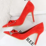 Korean Version Party 9cm High Heels Rhinestone Bow Black Red Pointed Toe - Image 4