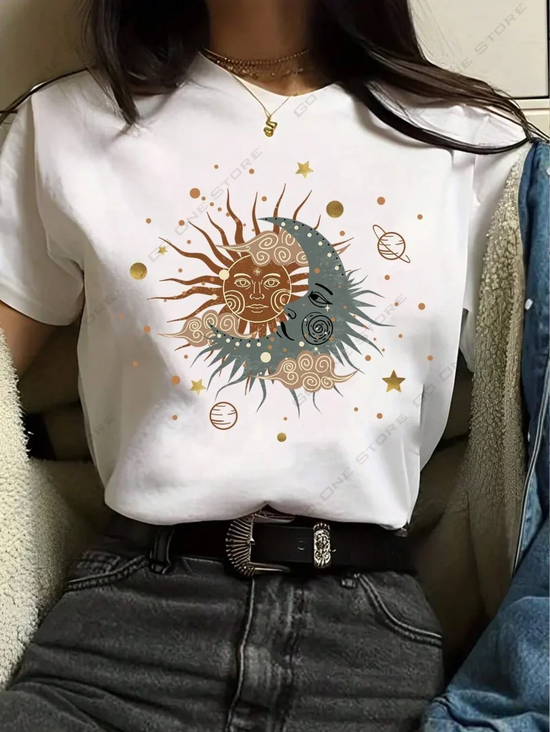 Women's Sun and Moon Totem Printed Short Sleeve Cotton T-Shirt Tops - Image 5