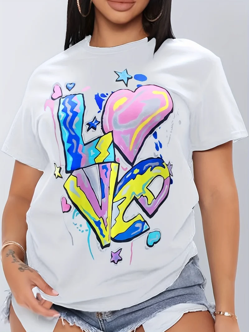 Women's Cotton T-shirt Plus Size Bottoming Shirt 3D LOVE Print Round Neck T-shirt - Image 3