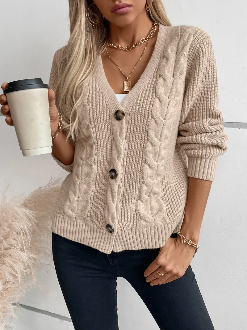 Solid Color Twists Knitted Cardigan Women Autumn - Image 13