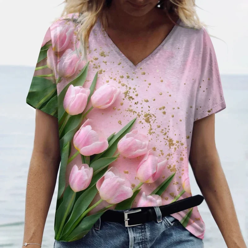 Fashion Tulip 3D Printed Women's T-shirt Summer Casual Flower V-neck Shirt - Image 2