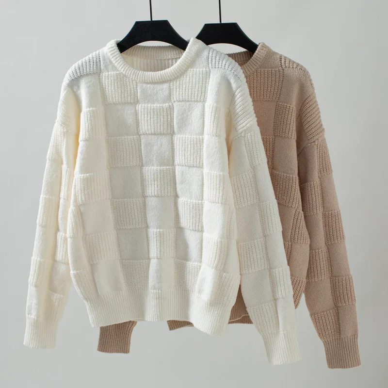 Women's Autumn Sweaters 2024 Fashion Plaid Solid Color Pullover - Image 12