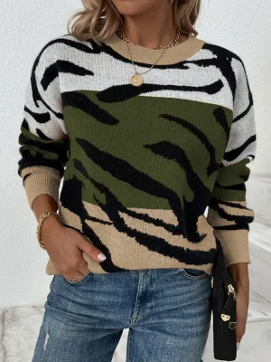 Round Neck Tiger Striped Sweater Ladies Long Sleeve Fashion