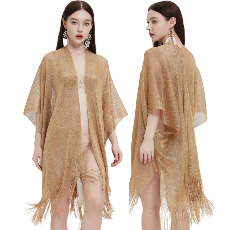 Women Casual Vacation KimonoTransparent Thin Shawl Beach Wear Cover Ups - Image 7