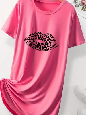 Sexy Lips Print Women’s Home Nightgown Plus Size High Stretch Dress