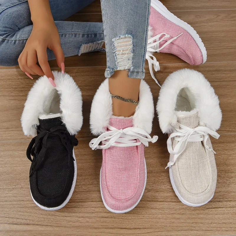 Women Faux Fur Fleece Lined Thermal Flat Snow Shoes Comfortable Lightweight