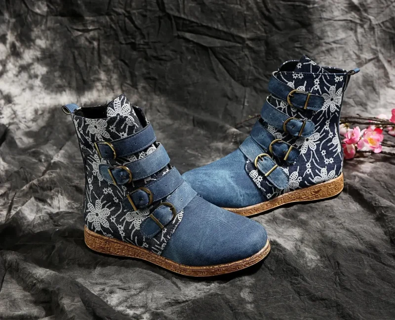 Socofy Women Boots Retro Printed Metal Buckle Soft Leather Zipper Ankle Boots - Image 5